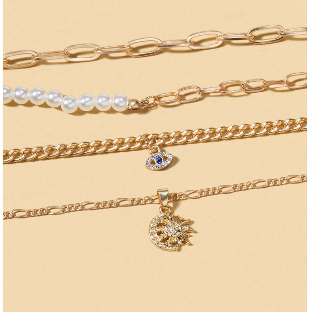 Boho Gold Tone Evil Eye Moon Multilayer Necklace - Picture 2 of 4